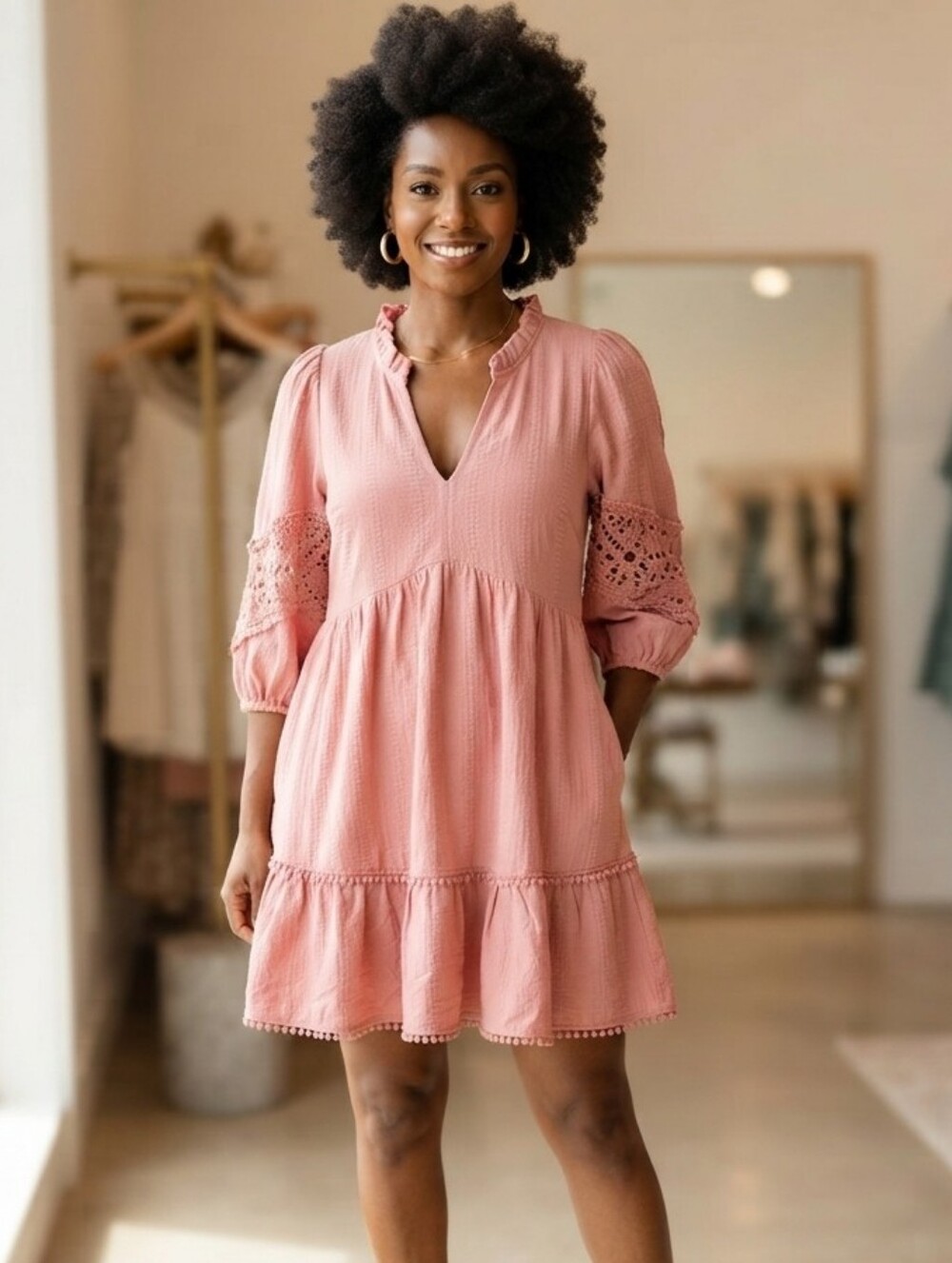 Umgee Dusty Rose V-Neck Ruffled Crochet Sleeve Dress
